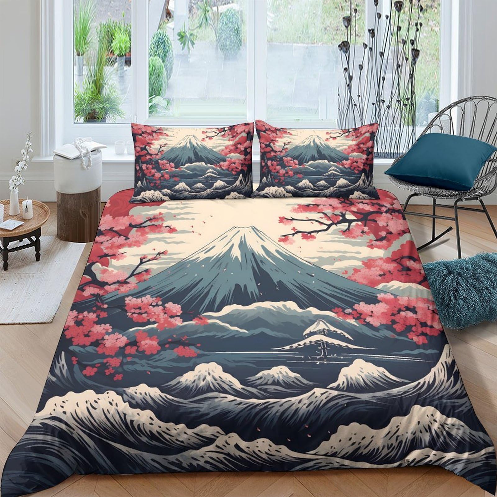 Ctjqhvkz Style-7 3D Printed Mount Fuji Cherry Blossom Fitted Sheet Microfiber Soft Bed Cover For Bedroom Guest Room Decor Protection Single（135X200cm）