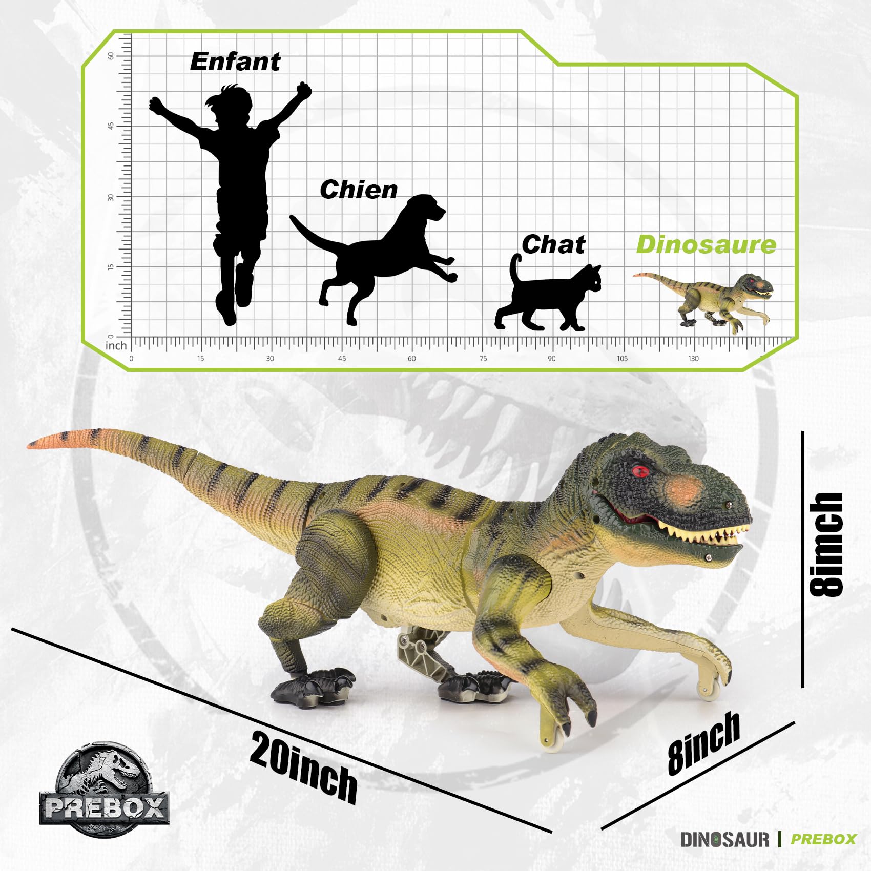 PREBOX Ferngesteuerter Dinosaurier Spielzeug für Jungen, RC Dino Roboter mit Brüllen, Sprühfunktion, Kopf- und Schwanzbewegungen, Realistische Gehbewegungen,Geschenk für Kinder 3-12 Jahre