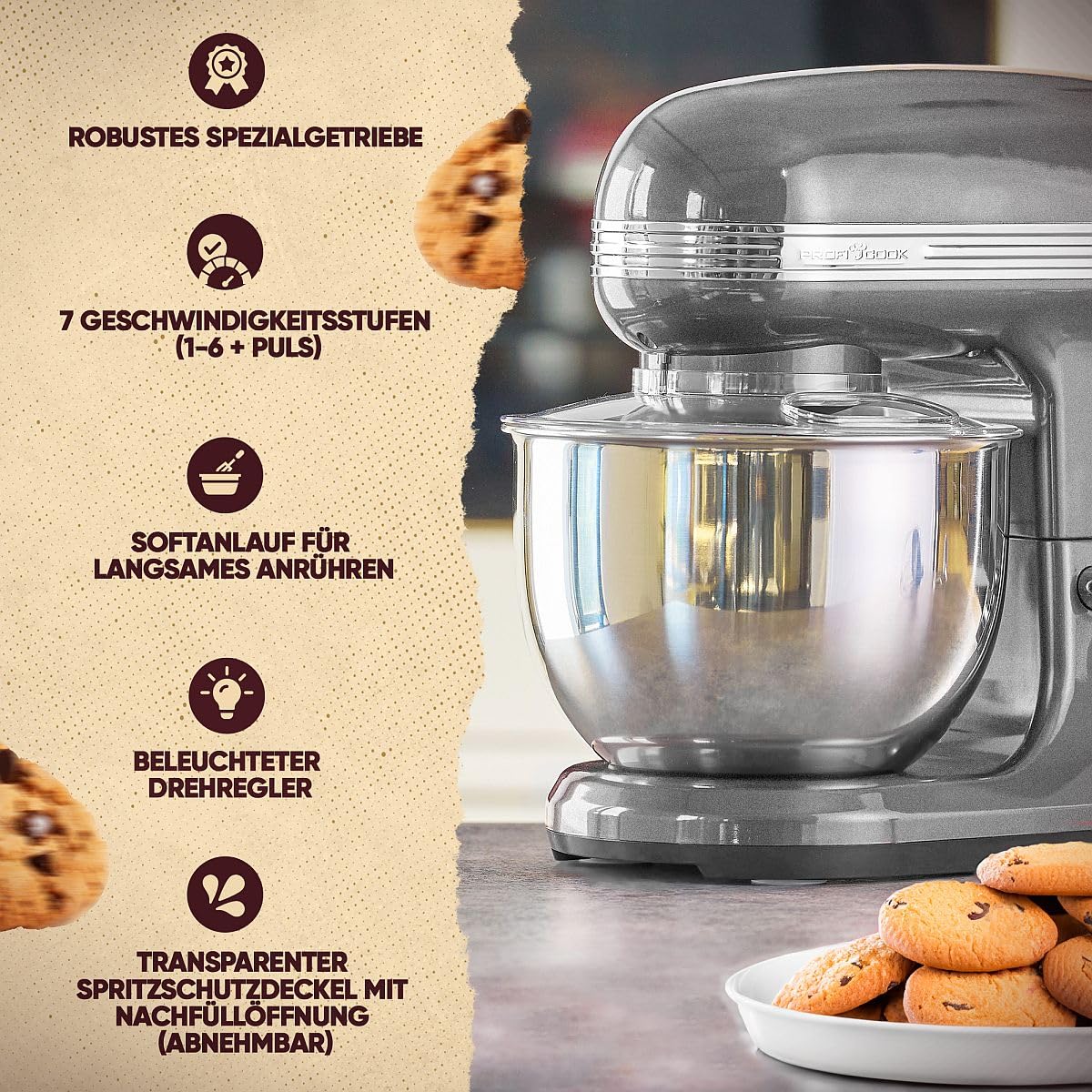 ProfiCook® Küchenmaschine zum backen | Knetmaschine 5L mit starkem 1200W Motor | Teigmaschine inkl. Haken & Schneebesen | Retro Teigknetmaschine Spritzschutz mit Nachfüllöffnung | PC KM 1197 anthrazit