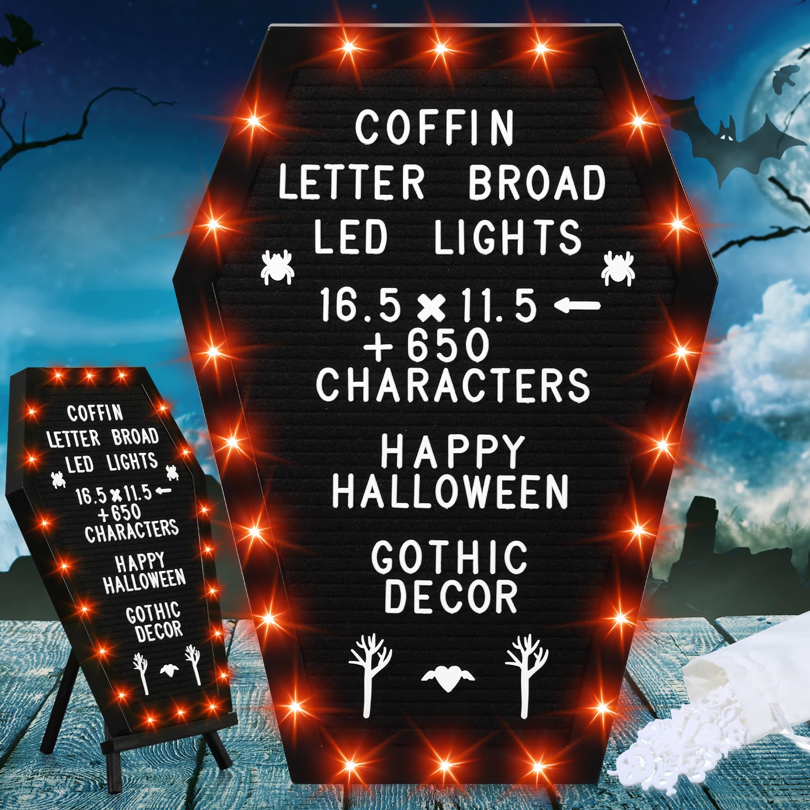 Sintuff Tablero de letras de ataúd con soporte, luces LED integradas, 620 caracteres, patrón de estilo de Halloween, decoración gótica para el hogar, oficina, bistró y escuela (luz LED naranja)