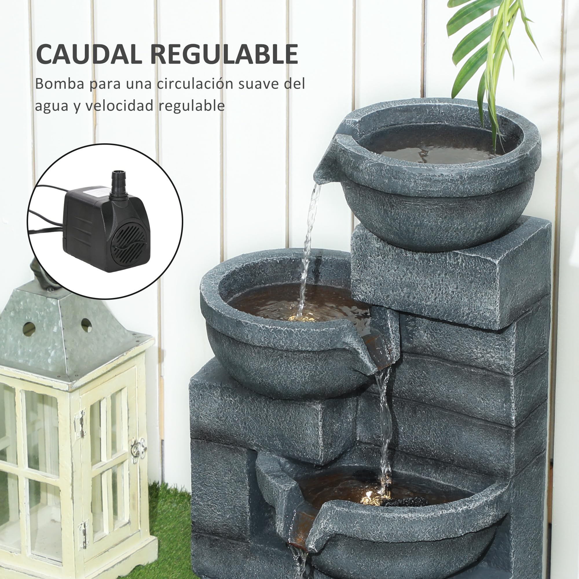 Outsunny Fuente de Agua Fuente de Jardín con Iluminación LED Fuente Decorativa en Cascada de 4 Niveles para Jardín Patio Terraza 38x35x78,5 cm Gris
