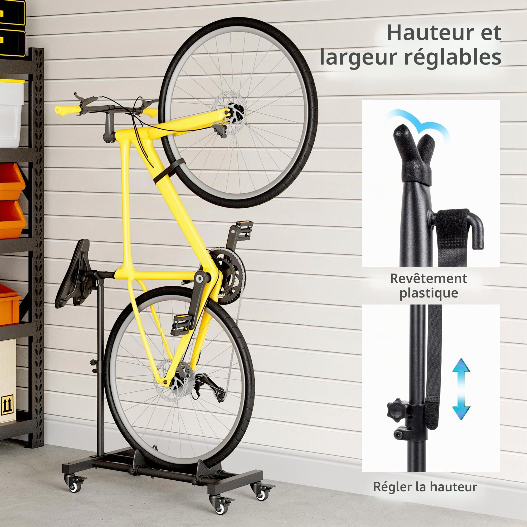 Support vertical pour vélo autonome pour rangement de garage, support vertical pour vélo avec hauteur réglable et roulettes à 360 °, support de vélo d'intérieur pour vélos standard de 61 à 73,7 cm