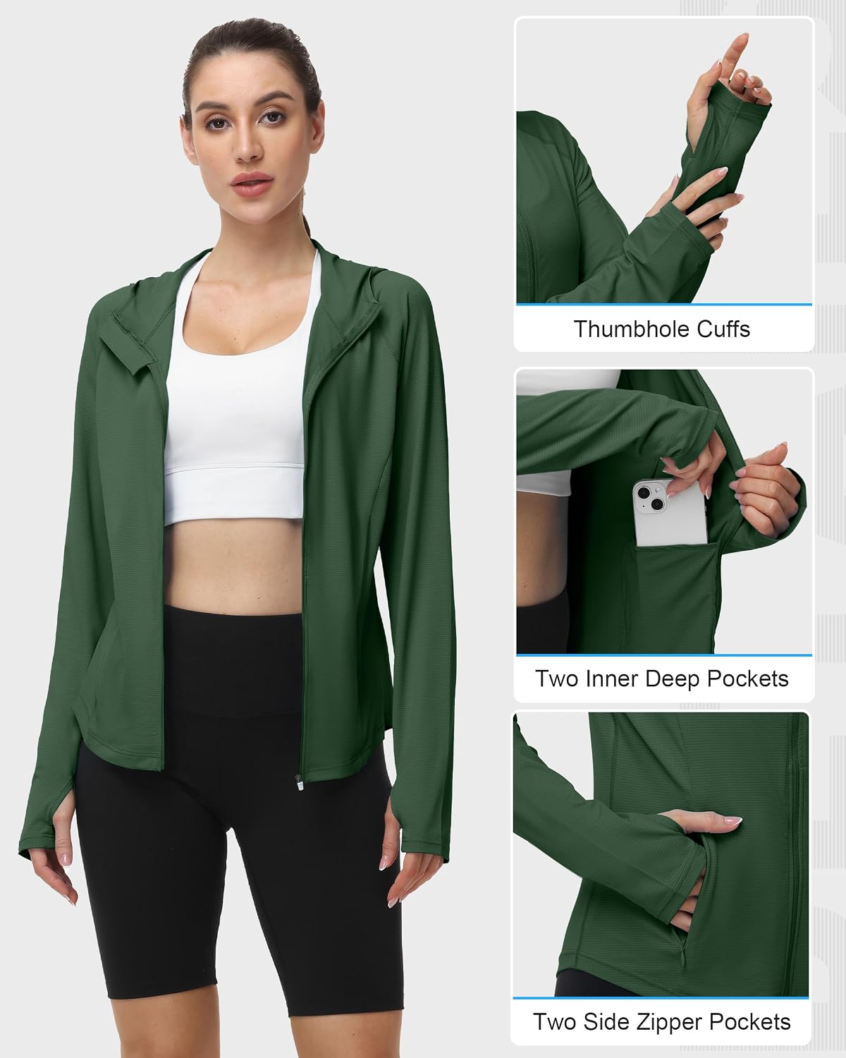 Roadbox Women’s Sun Protection Hoodie Jacket, UPF 50+ SPF Lightweight Long Sleeve Full Zip Workout Shirts