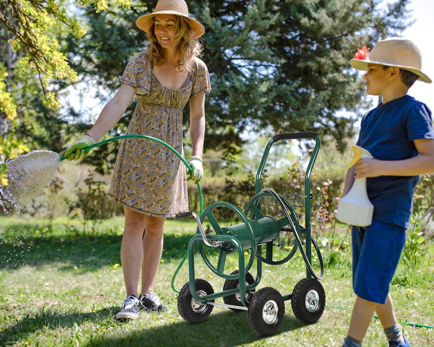 Carrello avvolgitubo da giardino a spinta manuale, carrello resistente per tubi da 100 metri di tubo da 1,5 cm e 20,3 cm, carrello per piantare acqua all'aperto, camion per giardino e cortile