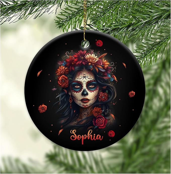 Hyturtle Personalized Floral Sugar Skull Ornament - Sugar Skull Gifts for Women - Goth Skeleton Gift for Lovers - Dia De Los Muertos Christmas Ornaments for Tree Decor - Custom Ceramic Ornament Decor