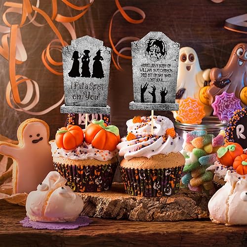 Miniatura 3 de AnyDesign - 48 adornos para cupcakes de Halloween, 8 diseños de lápidas de bruja de Halloween, cementerio, decoraciones para tartas con puntos de