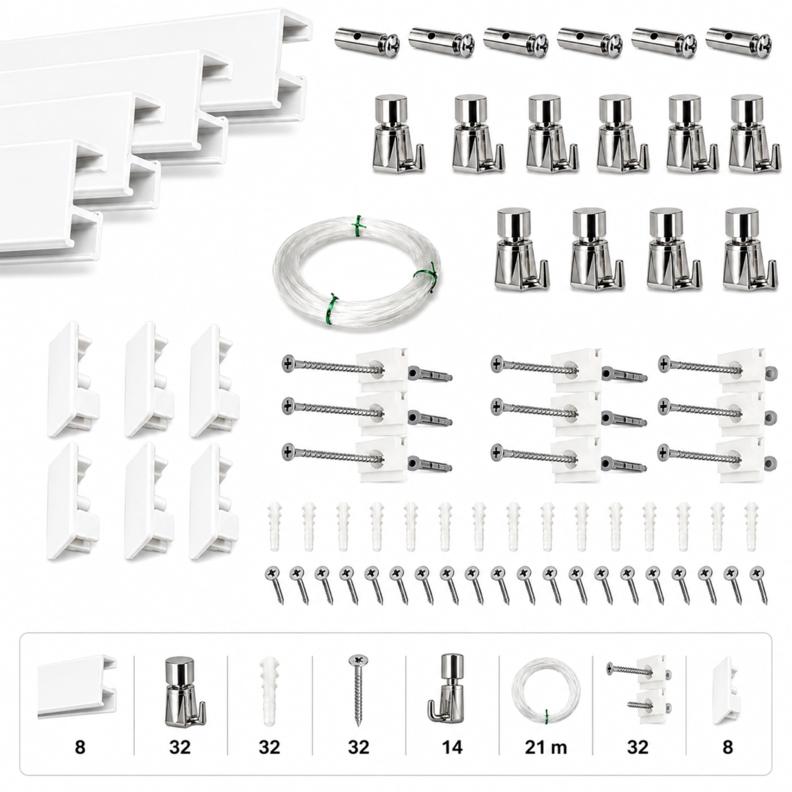 riel colgar cuadros Eurohang Pack 12m Sistema Modular Guías Aluminio Blanco mate con 14 Colgadores Automático, Kit Profesional Cuelga Cuadros sin Clavos para Hogar Oficina Galería