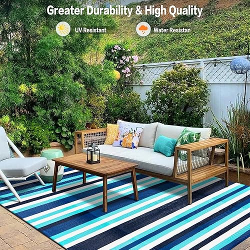 Miniatura 140 de HUGEAR Alfombra impermeable de plástico para exteriores, 5 x 8 pies, lavable, reversible, alfombra a rayas de arco iris, para camping, caravana