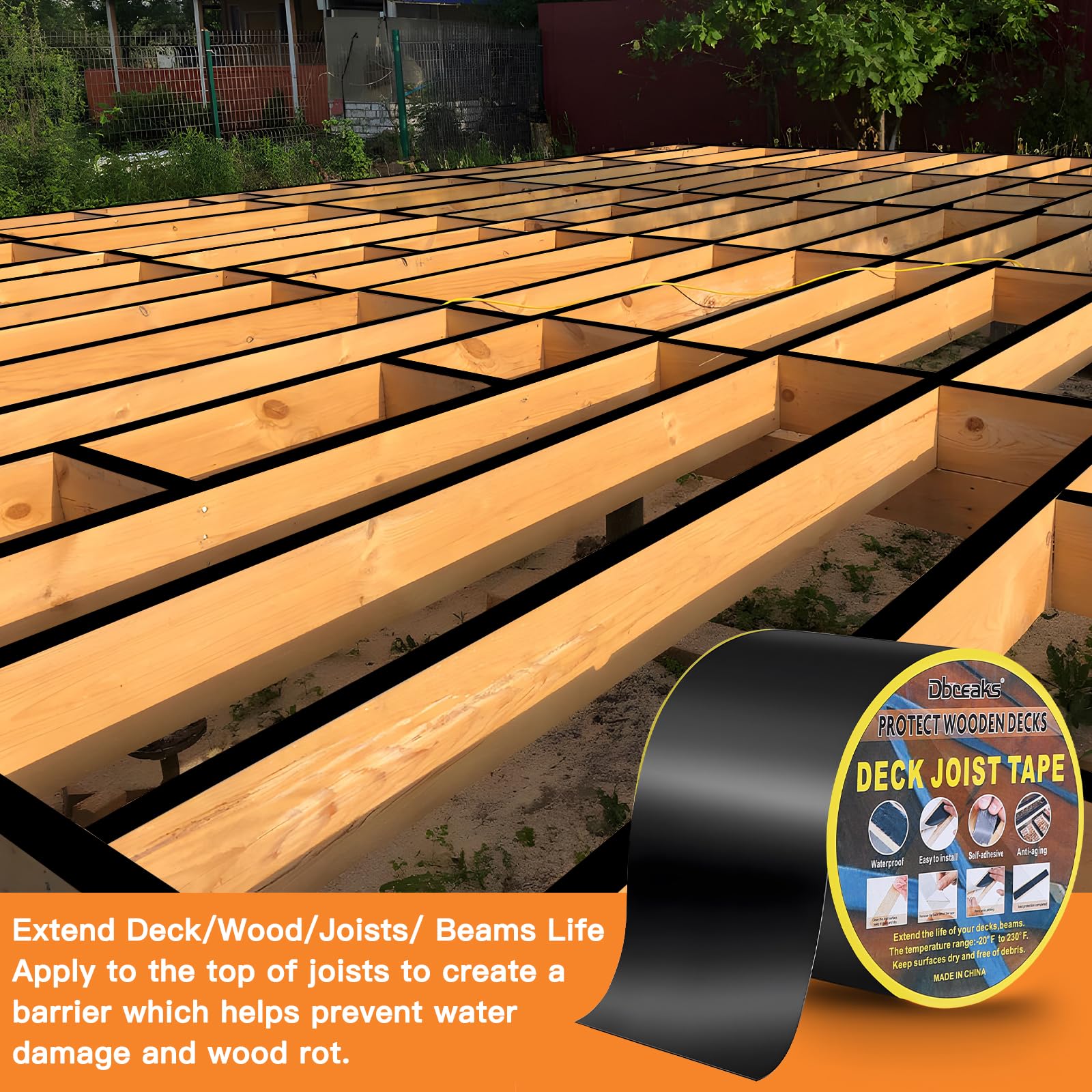 DBREAKS Cinta de protección de madera para cubierta, Cinta butílica para viguetas de exterior, Cinta de reparación de butilo, impermeable y resistente a la corrosión(10 cm x 15 m)