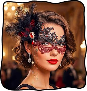 Feather Lace Masquerade Mask, 1920 Venetian Tassel Detachable Masks, Ball Party Accessories for Women