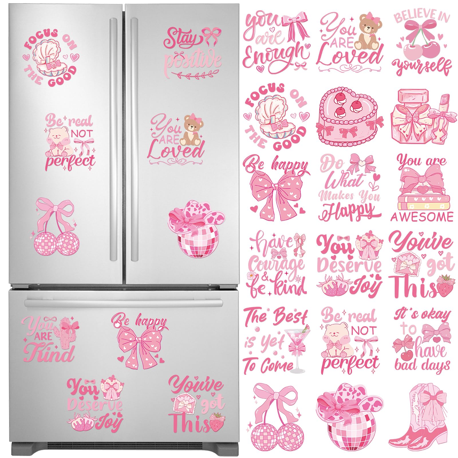 Dazoratix Pink Inspirational Refrigerator Magnets - 20 Pcs Bow Locker Fridge Magnetic Stickers Motivational for Girls Car Accessories Kitchen Office