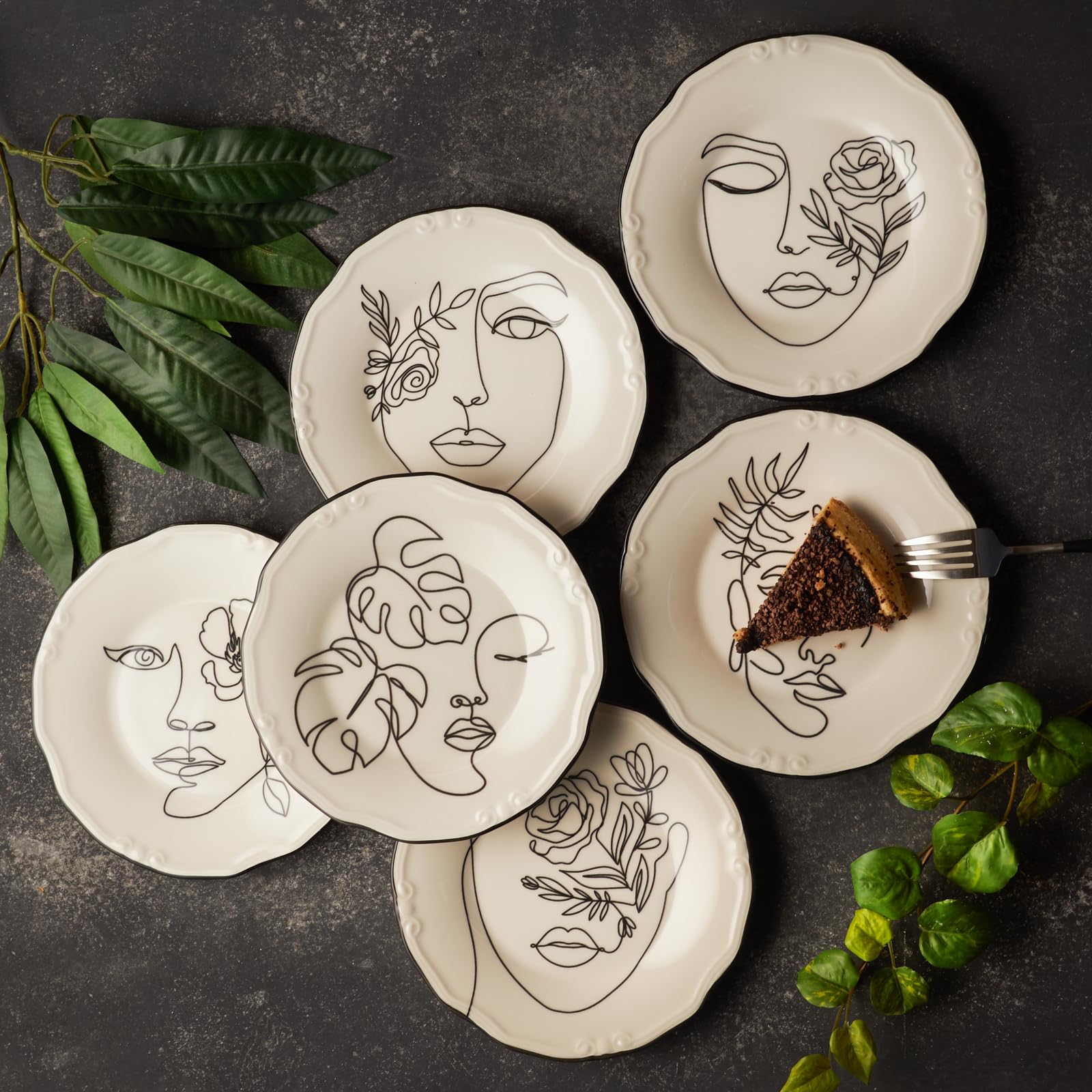 Karaca Porcelain Serveware Set for 6, 21cm, Modern, Unique Design, Serving Plates, Cake Plate, Tableware Set for Daily Use and Special Occasions