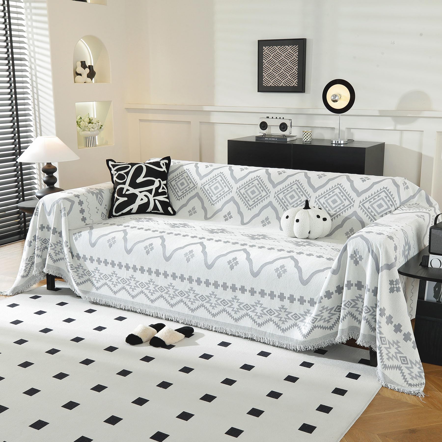 LUFEIJIASHI Boho Couch Covers for Sofa Soft Chenille Non Slip Sofa Covers for 3 Cushion Couch Washable Sectional Couch Covers Large Thicker Furniture Protector for Dogs Pet Friendly (Grey, 71"x150")