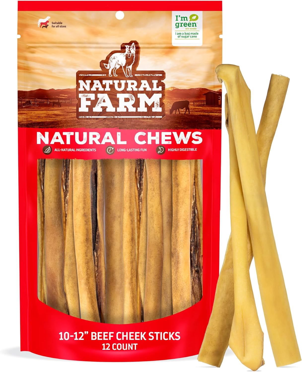 Natural Farm Bully Cheek Stick, 10-12 Inch (12-Pack)- Best Bully Stick Alternative, 100% Natural Beef Cheeks for Dogs- High Protein, Cleans Teeth Treats, Long Lasting Beef Chews for All Dog Sizes