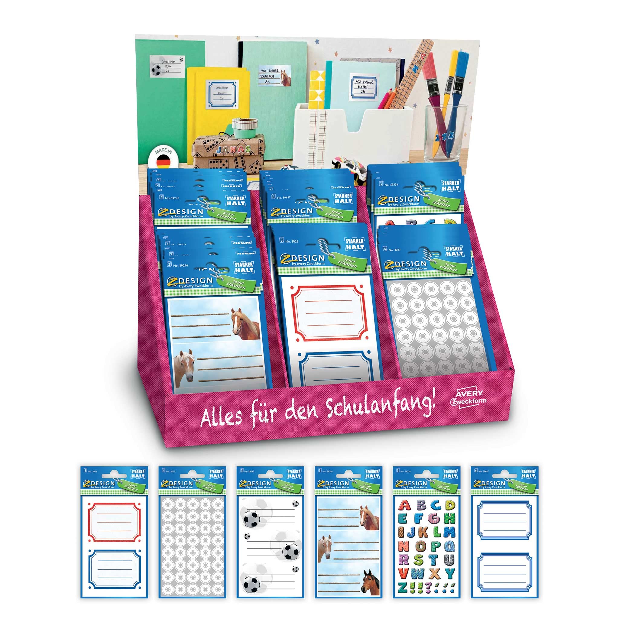 Avery Italia 48598 - assortimento su espositore di 120 stickers adesivi, decorativi per libri, quaderni e materiali per la scuola, 6 fantasie, 60 pezzi totali