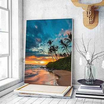 Amazon | ヤシの木とビーチの夕日 数字油絵 神秘的な南国風の