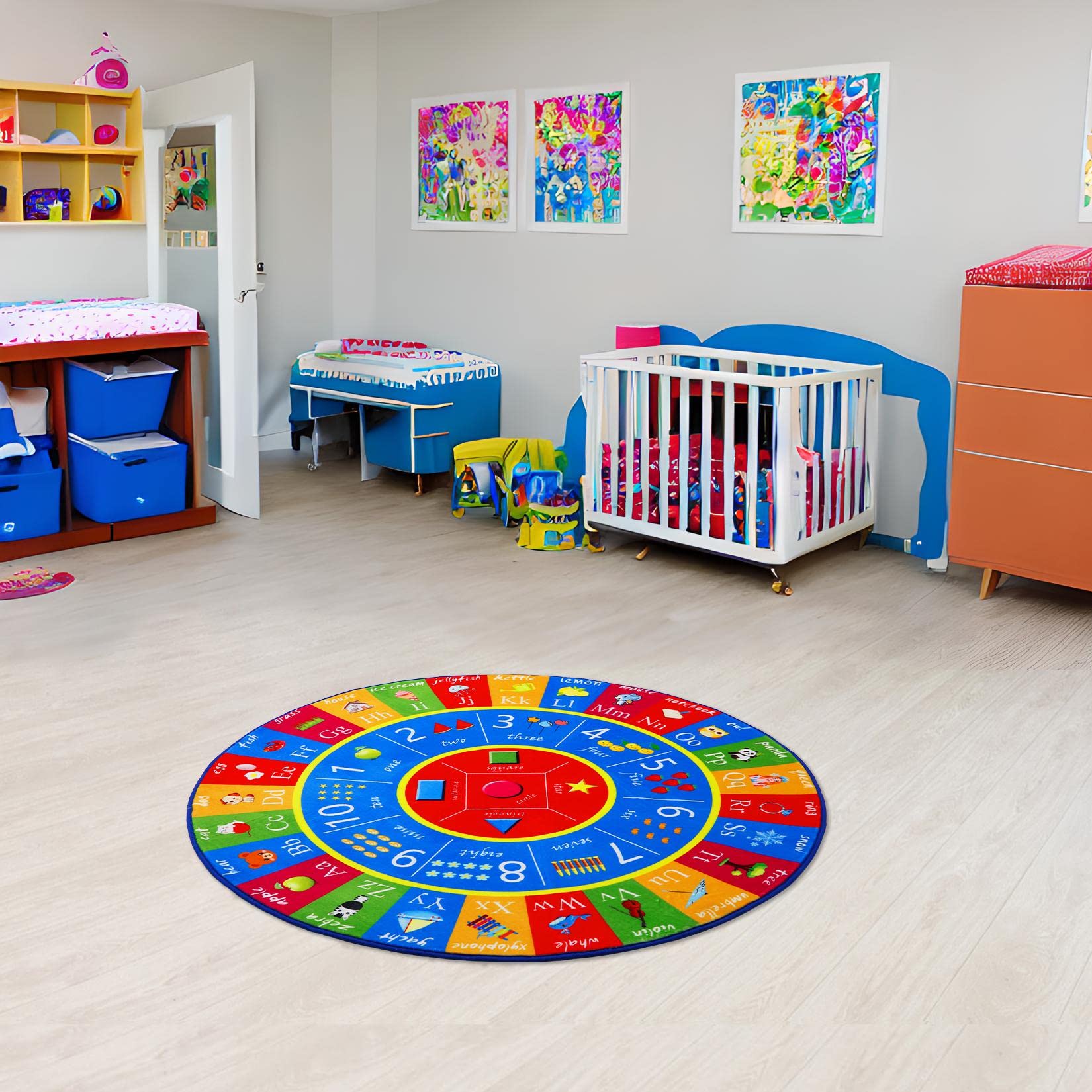 Zacoo Round Kids ABC Rug 4ft, Alphabet Numbers Shapes Learning Mat for Children Playroom Bedroom, Educational Soft Circle Rug Carpet for Classroom Infant Toddlers Kids Room Game Area, Multi Color