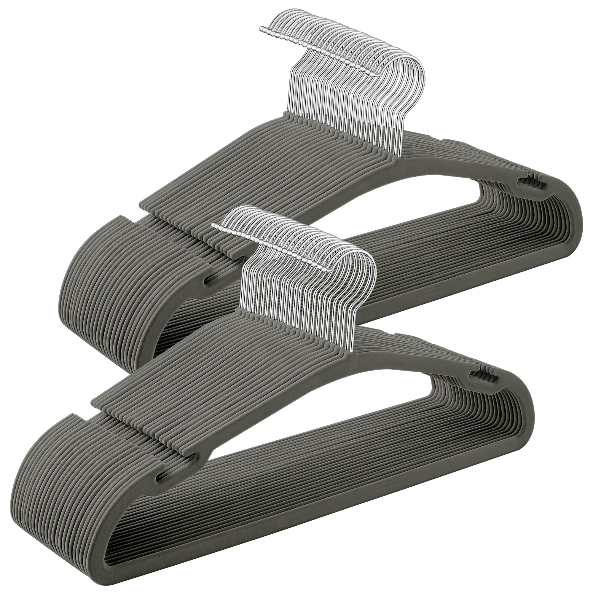 SONGMICS Velvet Hangers - Set of 50 Coat Hangers, 43 x 21 cm, Non-Slip with Wide Shoulder Notches, Trousers Bar, 360?Swivel Hook, Space-Saving for Wardrobe, Grey