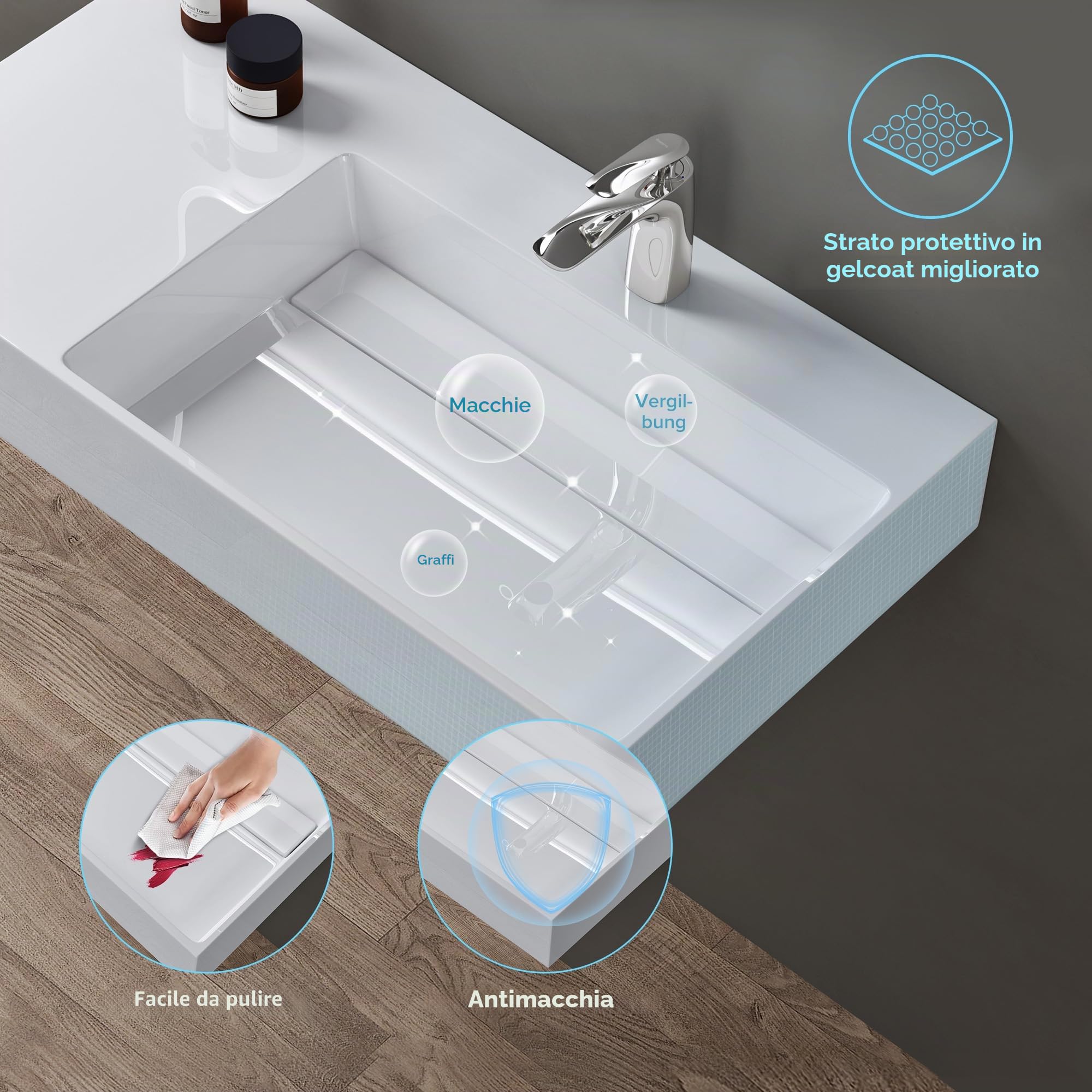 doporro Lavabo Bagno Sospeso Lavabo da Appoggio Rettangolare in Marmo Resina Bianco Lucido, Vasca a Destra 75x43x14 cm con 1 Foro Rubinetto e Piletta Scarico, Colossum12
