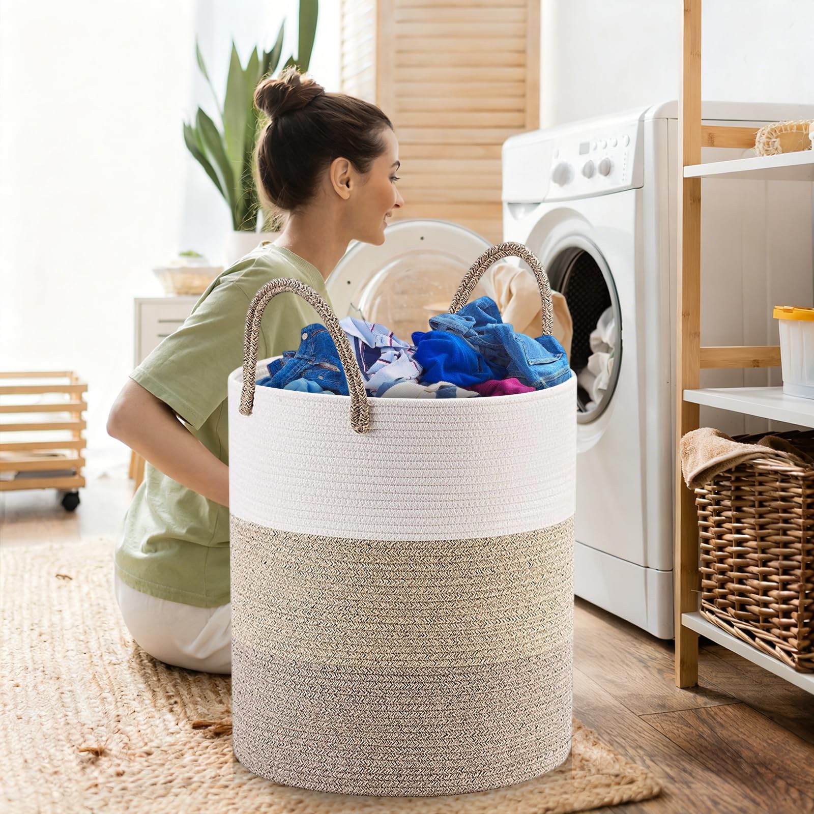 Wäschekorb aus Baumwollseil, 58 l, mit 2 Wäschesäcken, verstärkten Griffen, ideal für Wäsche, Spielzeug und Decken