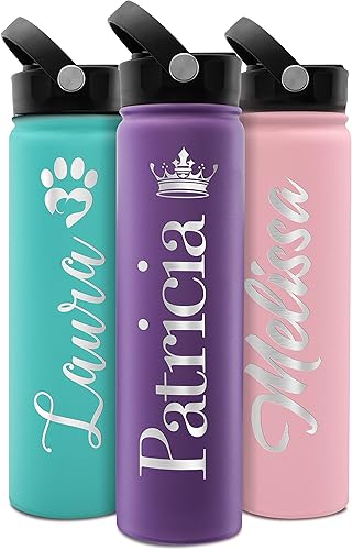 Botella de agua personalizada con tapa de popote y nombre grabado, 24 onzas, 20 iconos, 20 fuentes, 8 colores, regalos para ella, regalos para