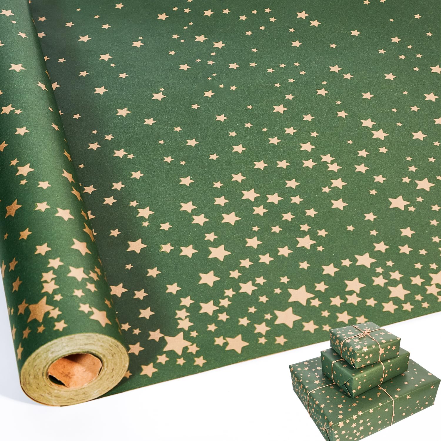 Green Wrapping Paper Roll,43cm X 15m Birthday Wrapping Paper with Star Pattern,Kraft Gift Wrap Paper for Birthday,Party,Wedding,Baby Shower,Christmas