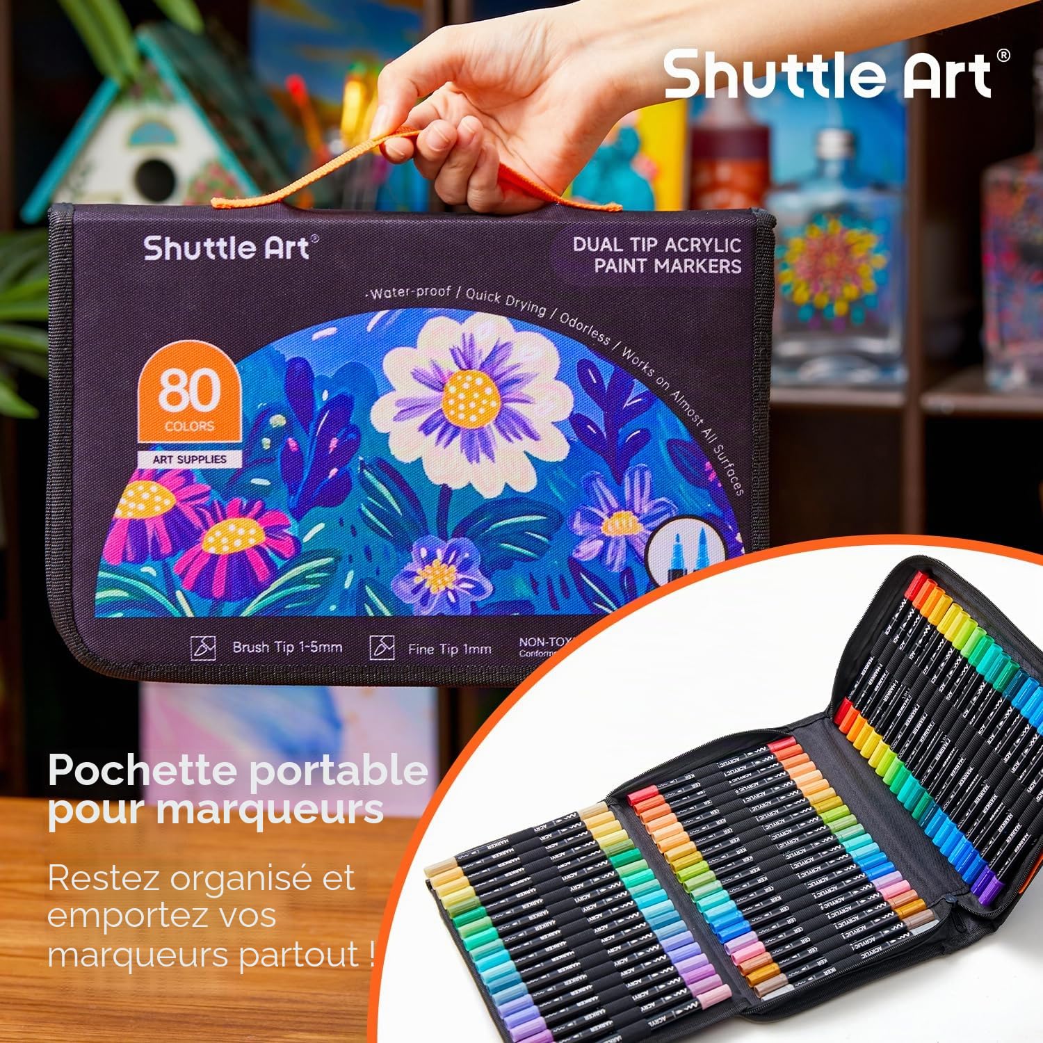 Shuttle Art Feutre Acrylique, 80 Couleurs Marqueurs Peinture Acrylique à Double Pointe (Pinceau et Fine), Marqueur Acrylique sur Céramique Toile Plastique, Feutre Peinture pour Calligraphie, Bricolage