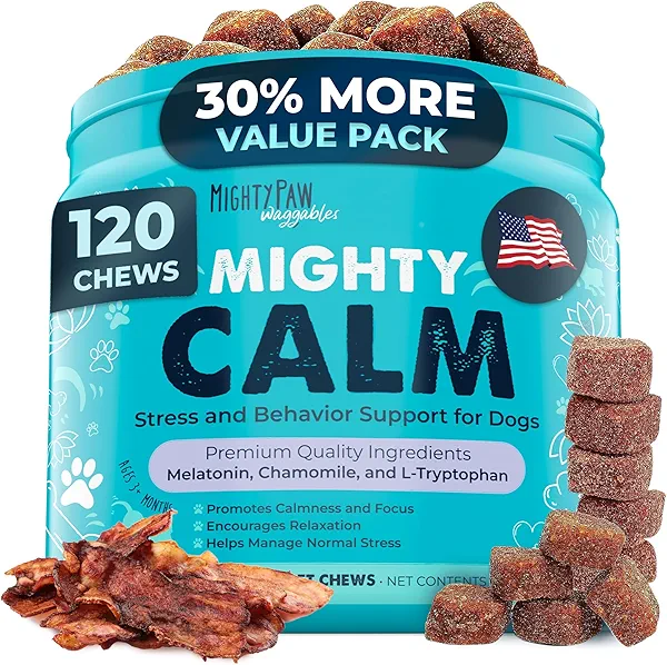 Mighty Paw Calming Chews for Dogs with Melatonin - Vet Formulated Dog Sleep Aid - Puppy & Large Pet Treats - Waggables Calm -Composure Calming Chews for Stress & Relaxation, 120 Count (Made
