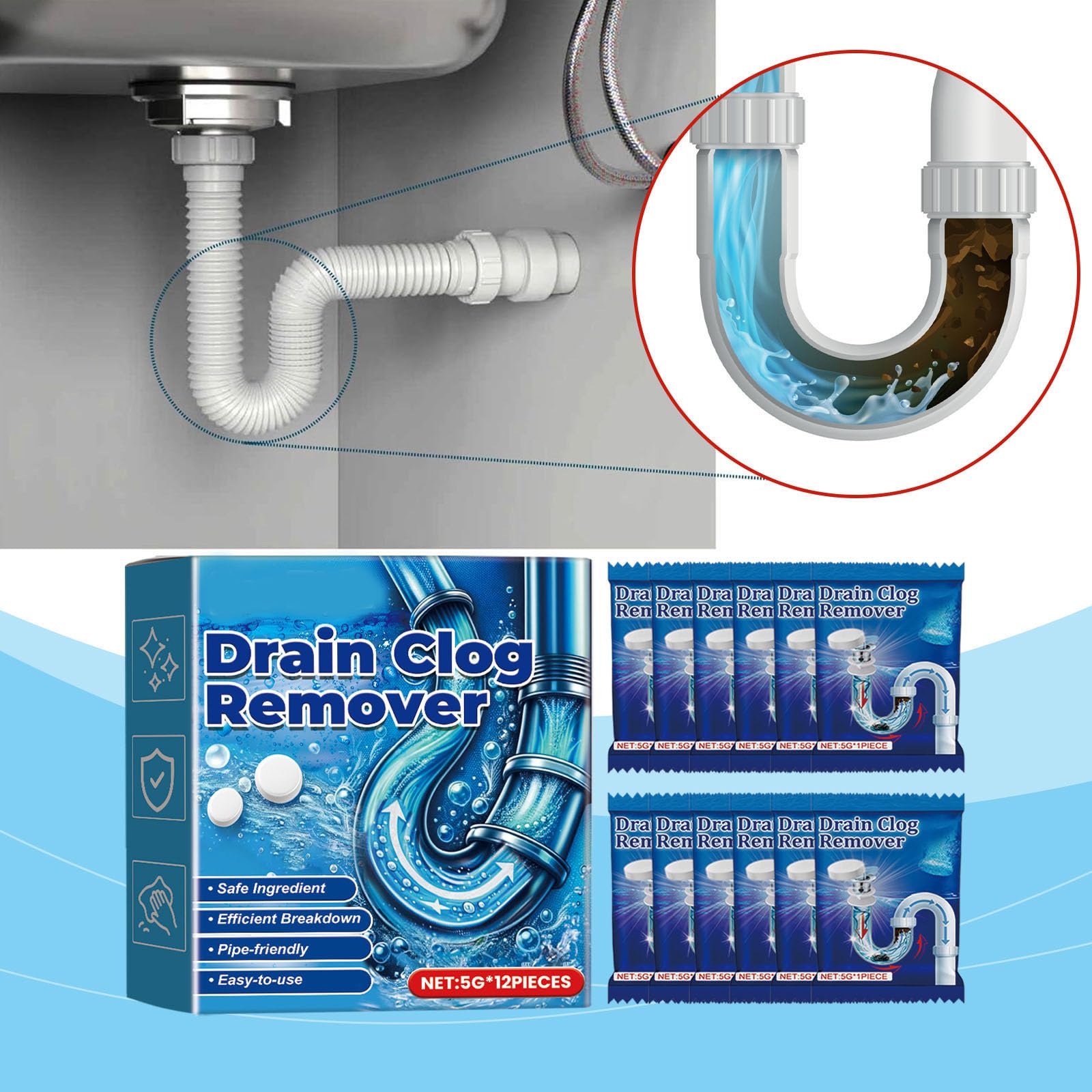 2026 New Strong Drain Effervescent Tablet, Drain Unblocker for Kitchen Sink, Cleaner for Bad Smells Tablets Foaming Smell Eliminator Removes Hair Grease & Soap (3 pcs)