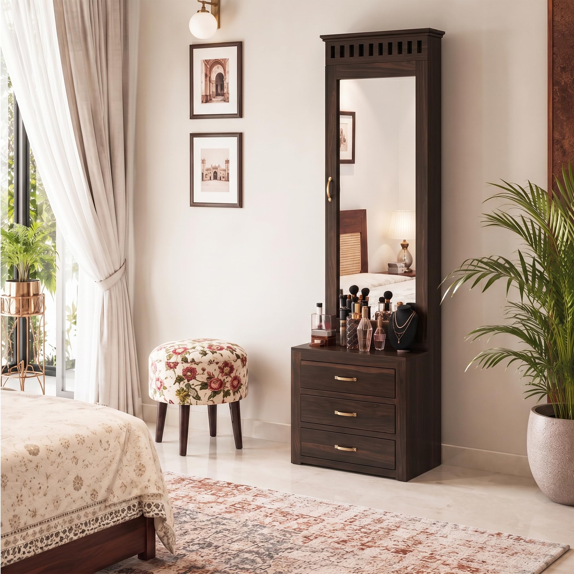 Solid Sheesham Wood Dressing Table with Mirror & 3 Drawers, & 1 Door Storage for Living Room Bedroom Wooden Vanities for Home (Walnut Finish)