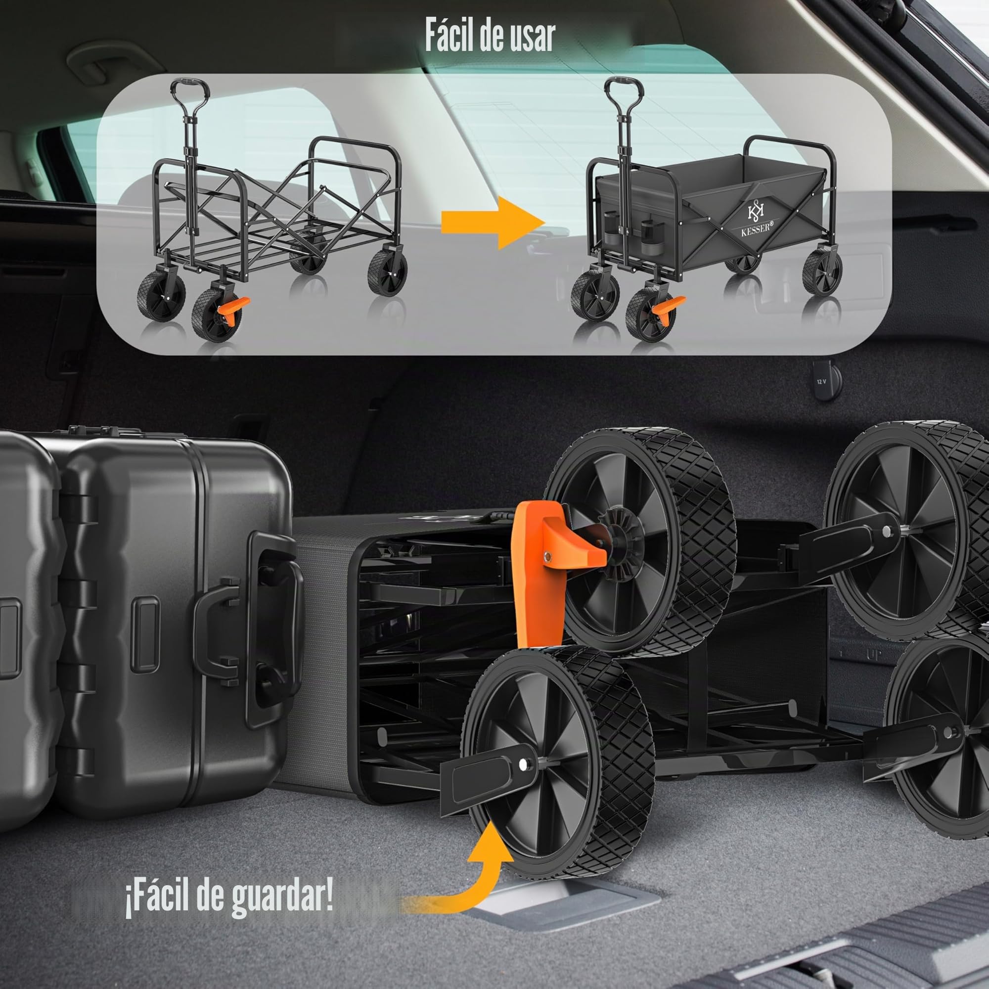 KESSER® Carro de mano plegable con capacidad de carga máxima de 150 kg y neumáticos de PVC de 360°, incluye 2 bolsillos de red, bolsillo lateral y cubierta, carro de transporte para jardín sin techo