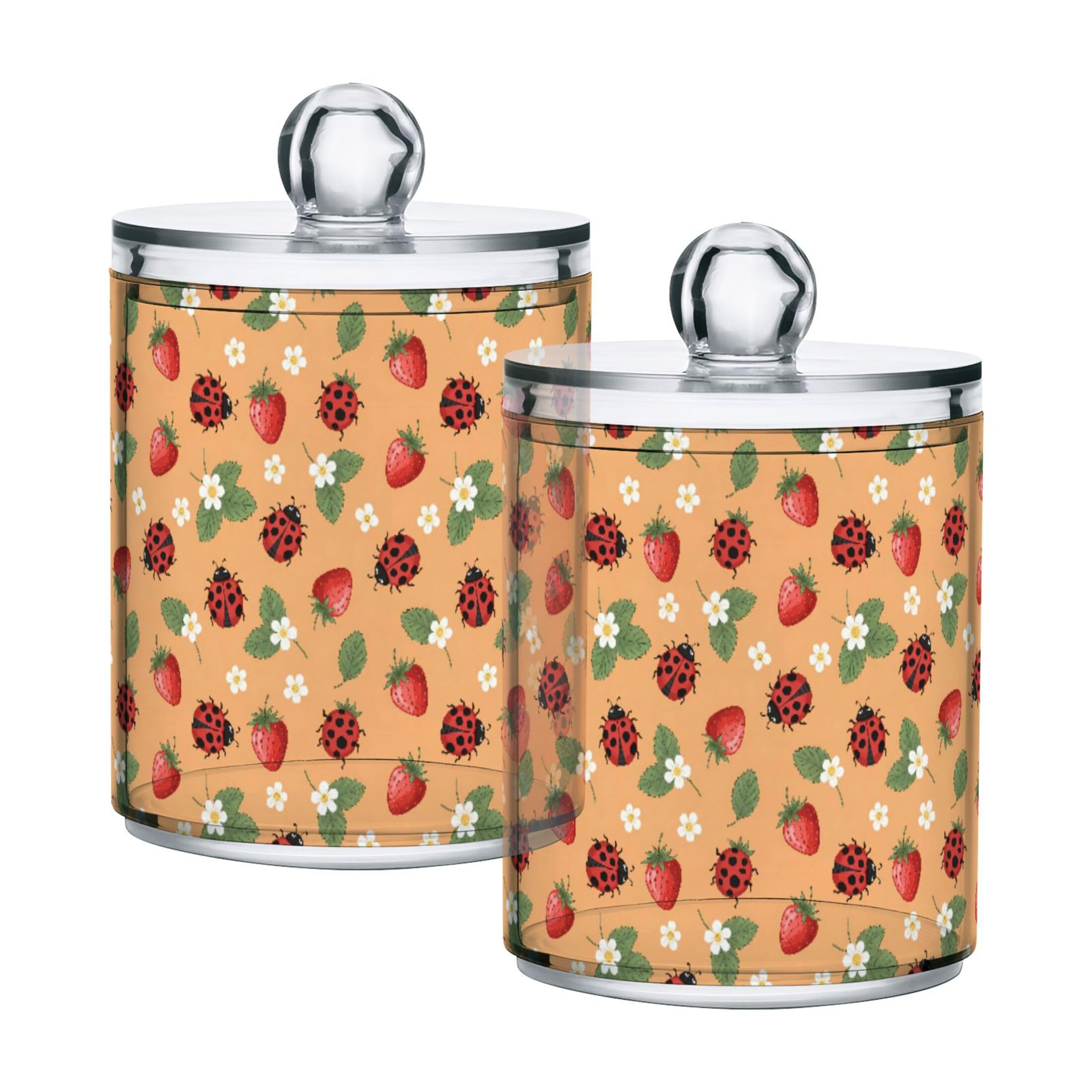 Fuauuyl Ladybugs Strawberry Qtip Holder Dispenser 2 Pack Plastic Apothecary Jar Storage Organization Bathroom Vanity Makeup Storage Organization for Cotton Ball Swab Pad