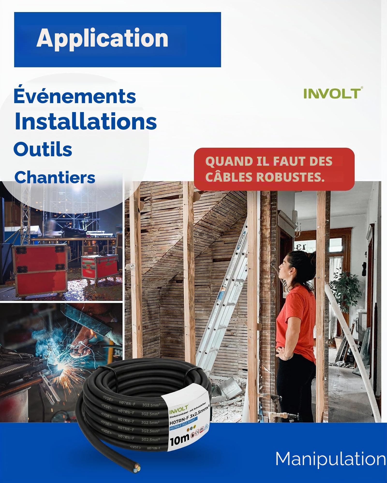 INVOLT H07RN-F 3 x 2,5 mm² Câble en caoutchouc VDE flexible avec conducteur de protection 10 m