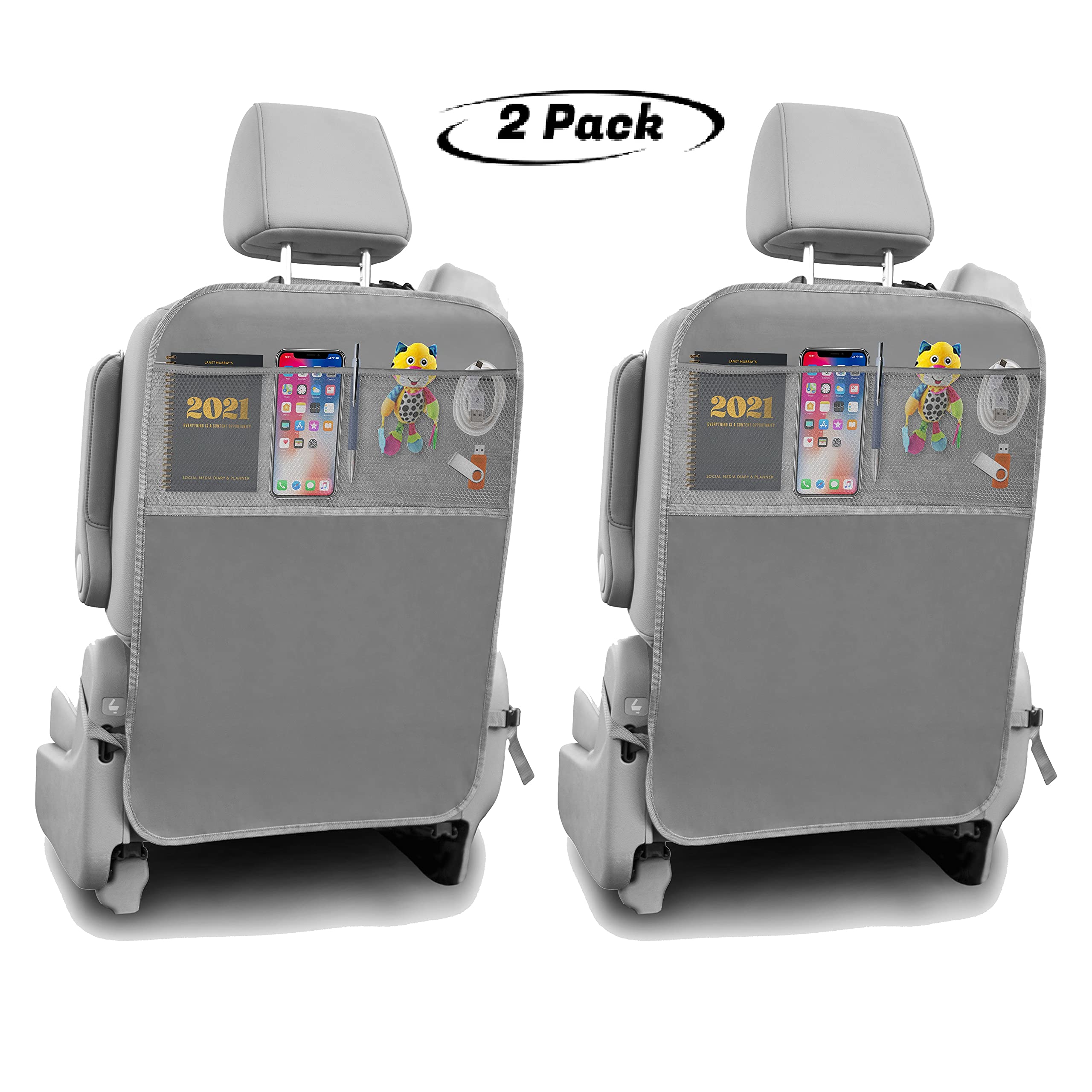 lebogner Back Seat Cover For Kids + 3 Pocket Storage Organizer, 2 Pack X-Large Multifunctional Kick Mats Backseat Protector, Car Seat Back Protectors For Vehicles To Protect From Dirt & Scuffs, Grey