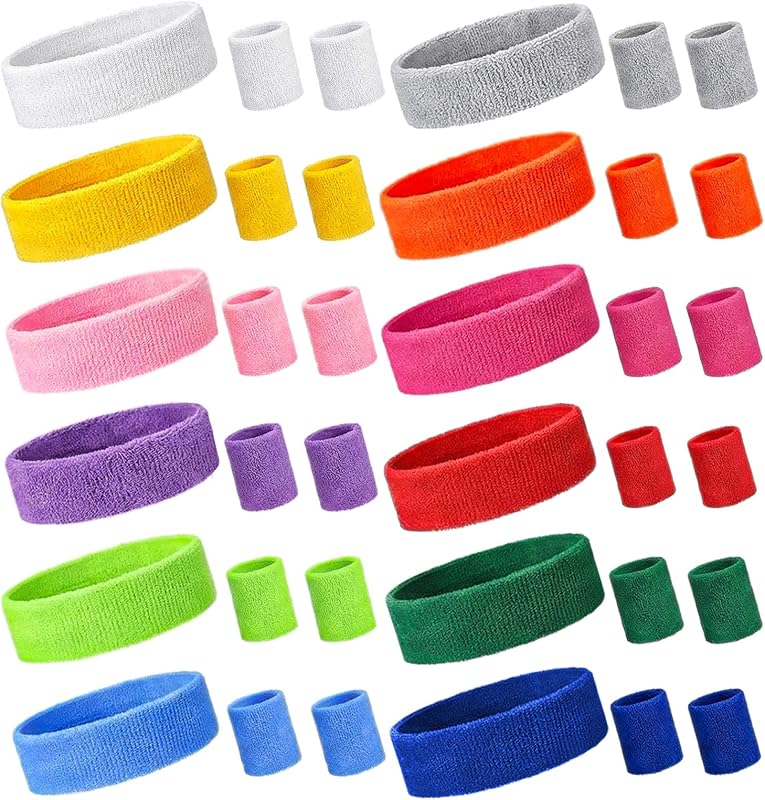 Juego de 36 bandas de sudor de neón, 80s, 12 bandas zapatillas coloridas y 24 pulseras de sudor, bandas de tenis elásticas que absorben el sudor, a granel para hombres, mujeres, 80s, 90s Party