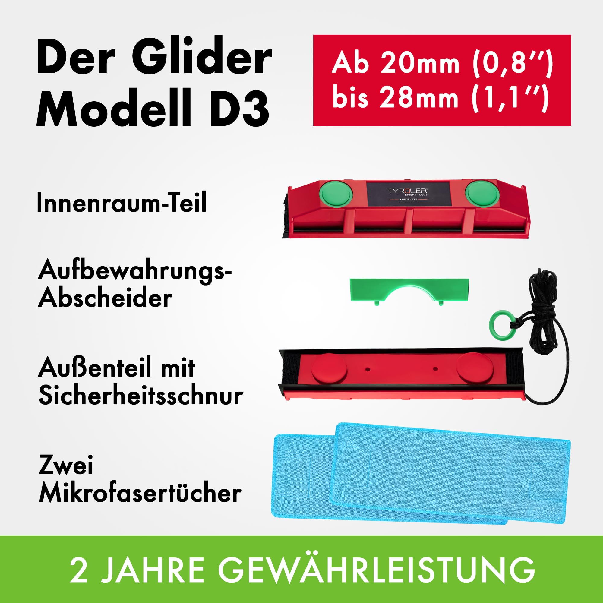 Tyroler Der Glider D-3 Magnetischer Fensterreiniger für 20-28mm Doppelglas | | Fensterputzer magnetisch für 20-28mm Doppelglas , beidseitig | Fensterreiniger magnetisch | Magnet Fensterputzer