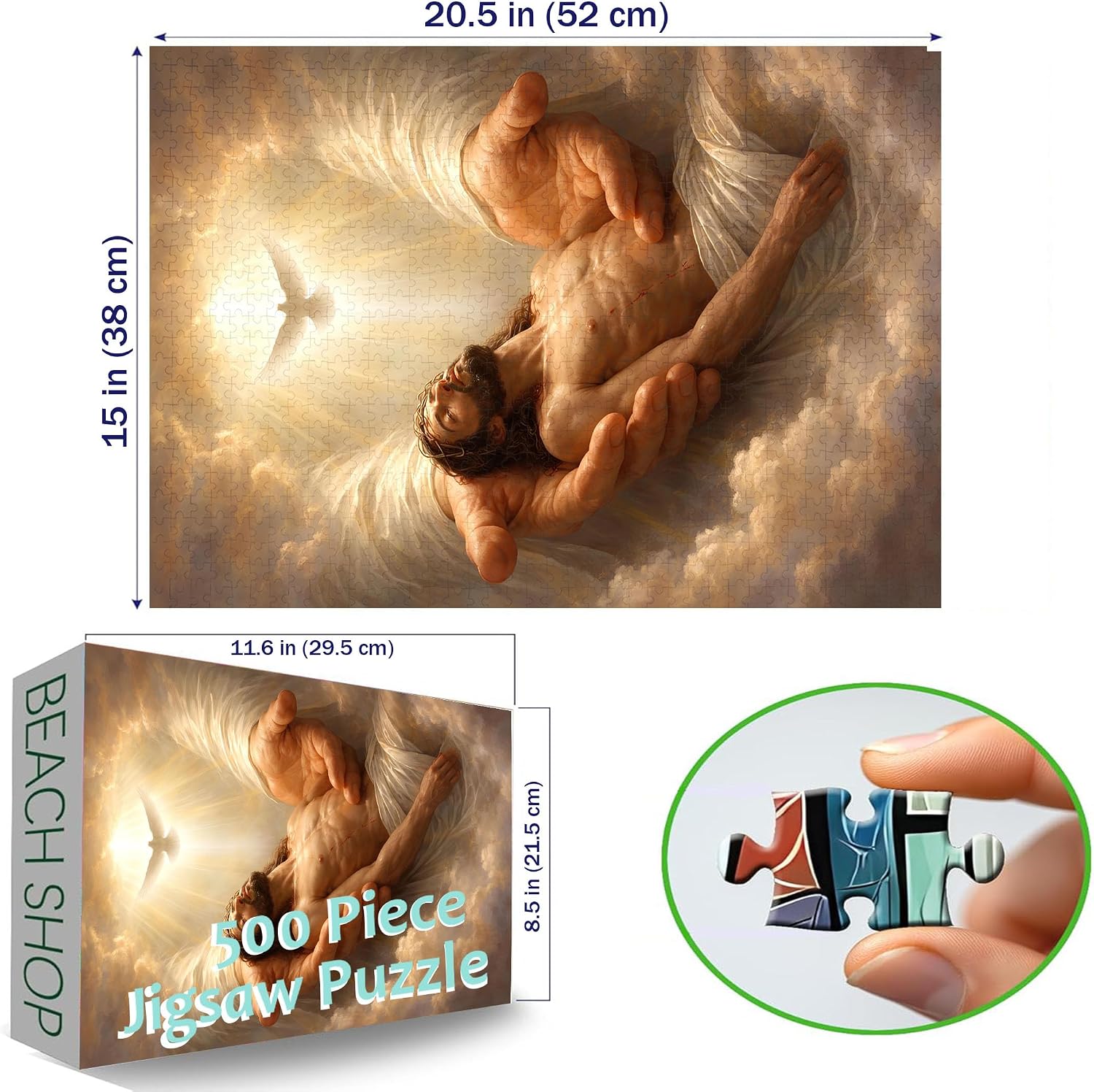 500-Piece Adult Wood Jigsaw Puzzle, Jesus in the Hands of God with Holy Spirit Dove Art – Intellectual, High-Difficulty, Stress-Relieving Family Activity, Home Wall Decoration, Eco-Friendly, 20.5x15in