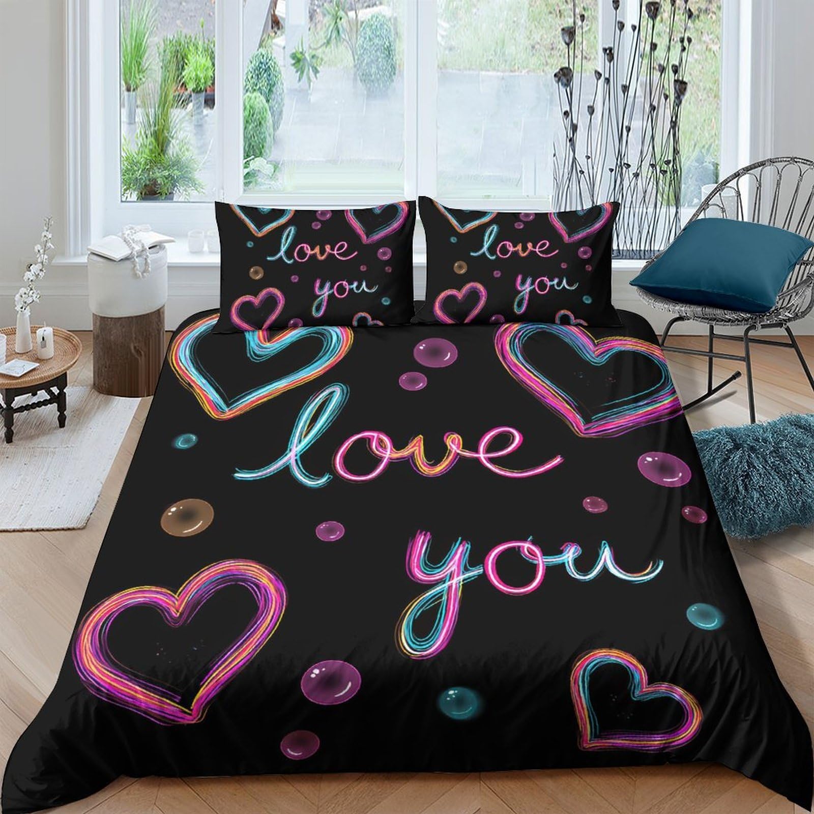 Ctjqhvkz Style-6 3D Printed Neon Heart Fitted Sheet Microfiber Soft Romantic Love You Bed Cover For Bedroom Guest Room Decor Single（135X200cm）