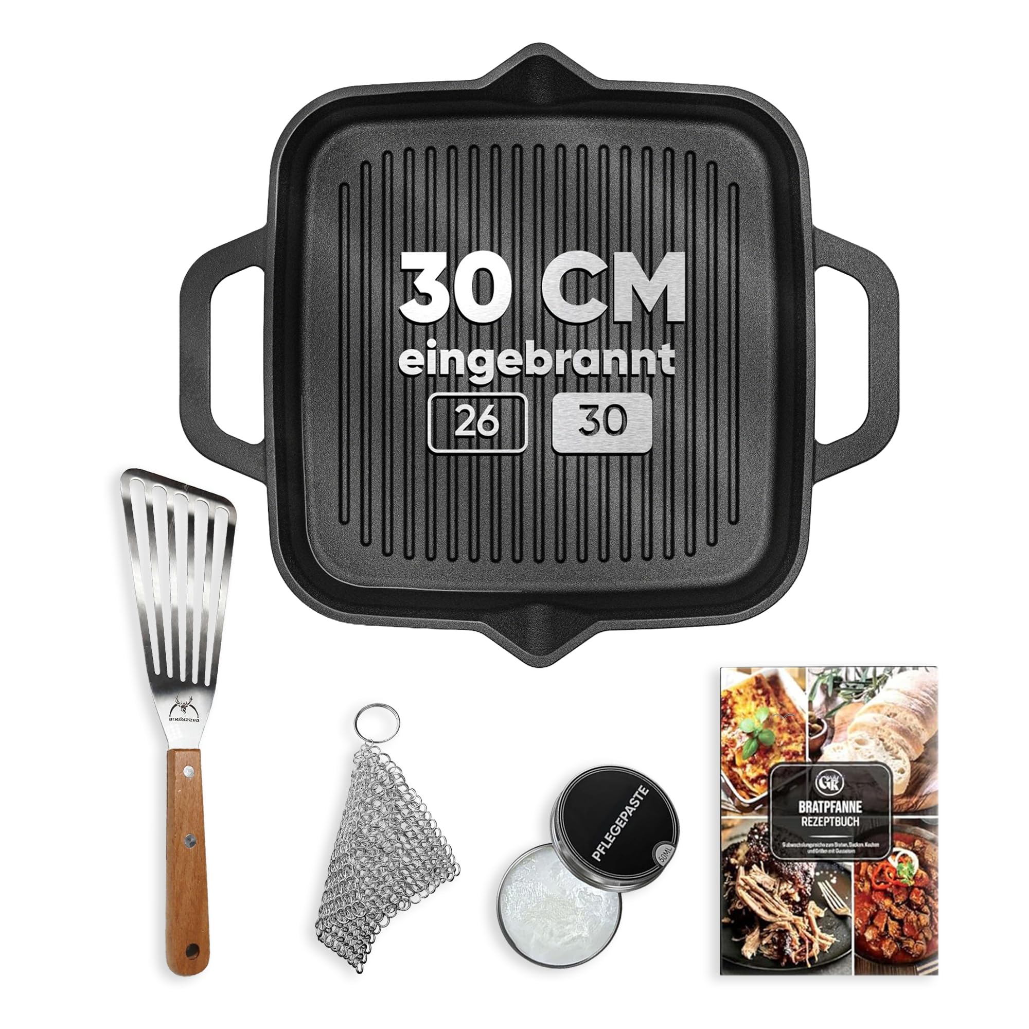GUSSKÖNIG Gusseisenpfanne - 30cm Pfanne Gusseisen - Grillpfanne Gasgrill - Eingebrannte Gusseisen-Pfanne - Cast Iron Pan - Robuste Gusspfanne+Pflegepaste, Ringreiniger & Rezeptbuch - 30 Jahre Garantie