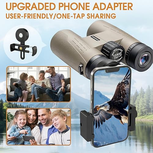 Miniatura 6 de Prismáticos HD de 12x42 para adultos, prismáticos de alta potencia con adaptador de teléfono mejorado, binoculares compactos impermeables con visión