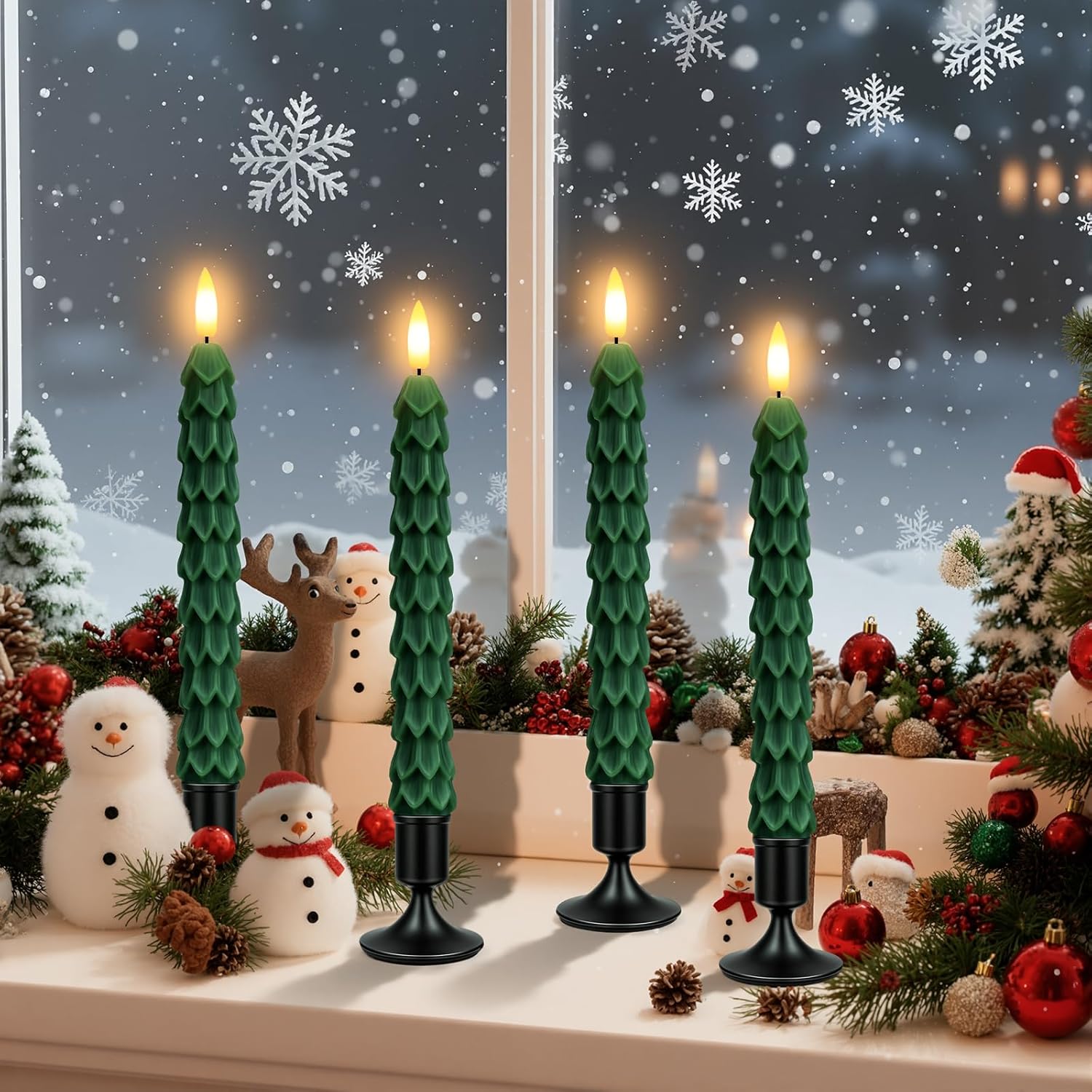 YAUNGEL 8 Pcs Flameless Christmas Tree Candles with Remote Timer, Real Wax Christmas Tree Candles Battery Operated Flickering Flame,10 Inch Green Tree Candlesticks with Holder for New Year Xmas Decor