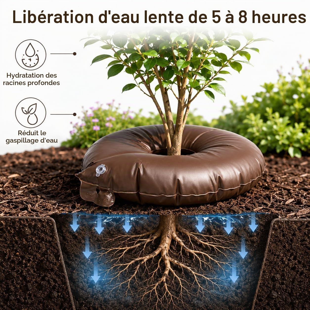 IRSTBL - Lot de 4 anneaux d'arrosage pour arbres – Sacs d'irrigation à libération lente de 56,78 l – 5 à 8 heures d'arrosage en profondeur pour arbres et arbustes – Comprend des gants de jardinage