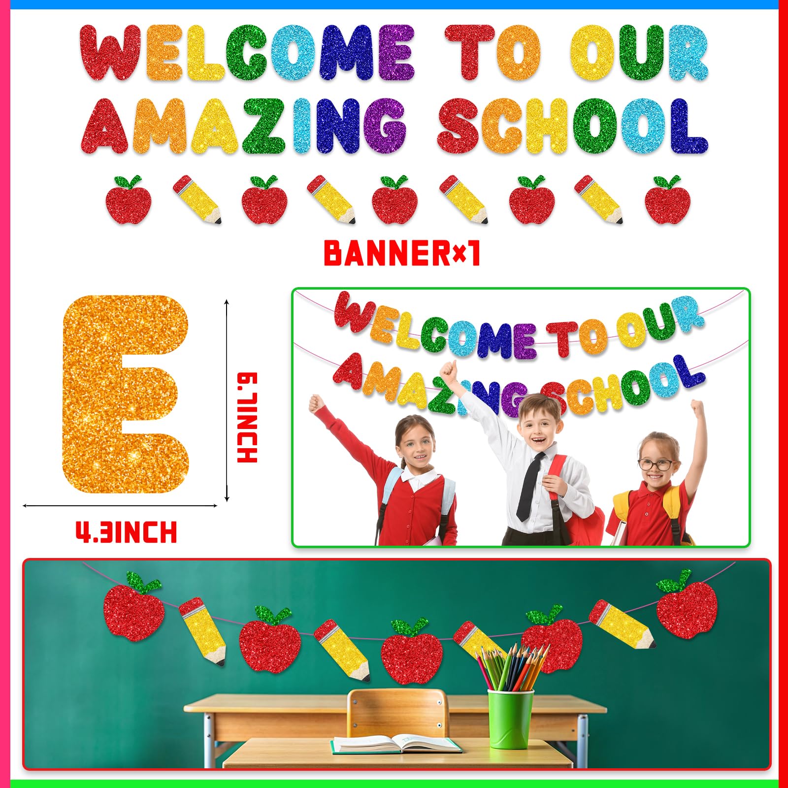 Bienvenido a nuestra increíble pancarta escolar, decoración de pancarta con purpurina para el día de regreso a clases