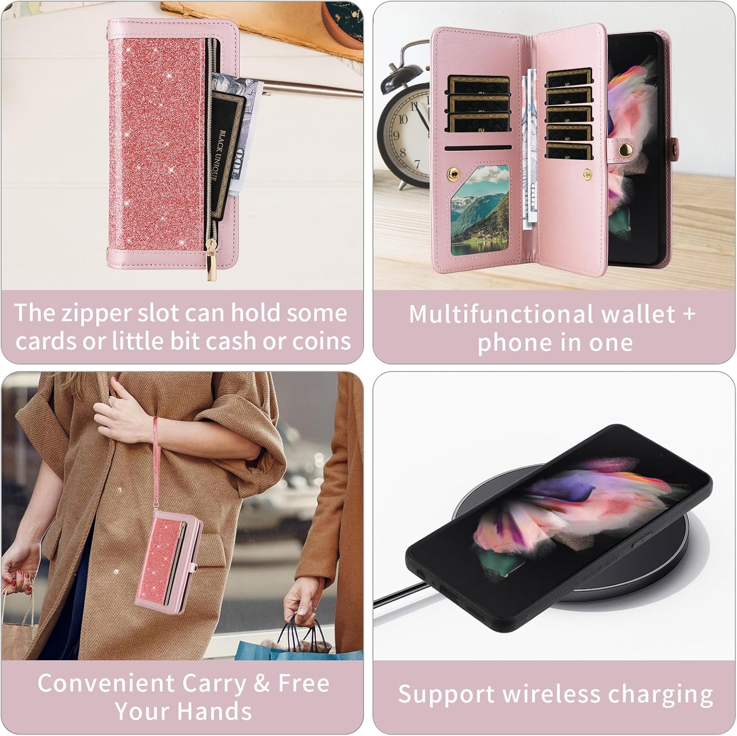 Asuwish Phone Case for Samsung Galaxy Z Fold 3 5G 2021 Zipper Wallet Detachable Cell Cover with Crossbody Strap Bling Glitter Flip Card Holder Slot ZFold3 Z3 Fold3 3Z ZFold35G Women Men Girls Pink