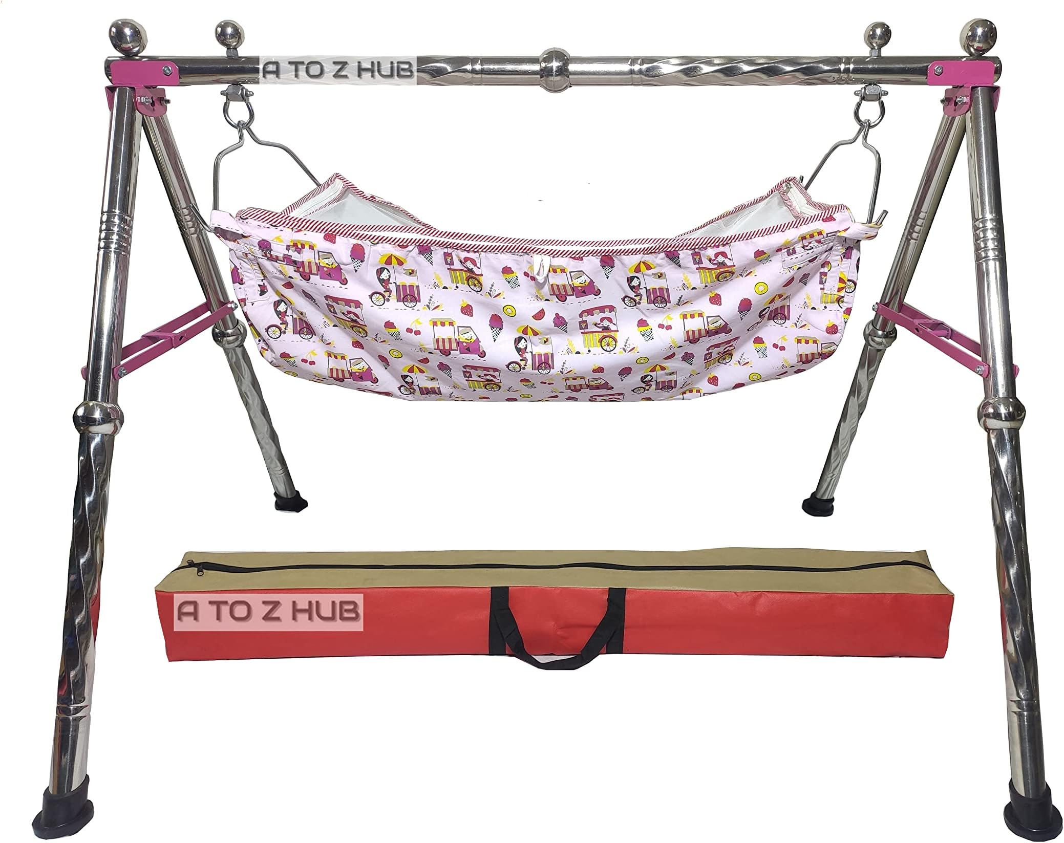 A to Z Hub Baby Boy's and Girl's Portable Folding Special Addition Swing/parna/jhula/totthil Cradle/Ghodiyu/Crib/Bassinet, (Pink)