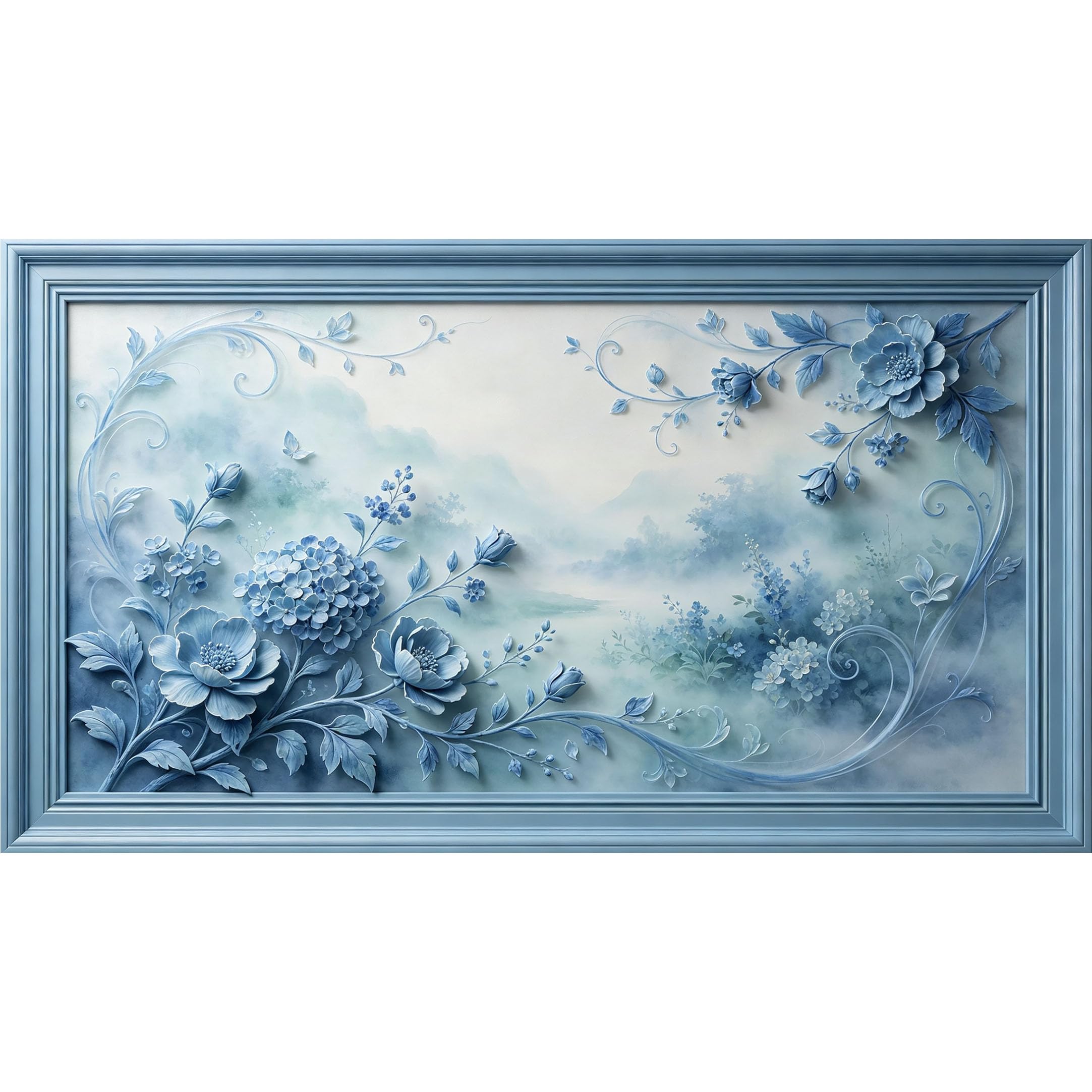 QZLITHOTIC 50×90cm3D Framed Wall Art， Blue Botanical Hydrangea Flower Landscape SelfAdhesive Mural， WaterActivated Peel & Stick Fabric Decor Wall Decal for Bedroom Living Room
