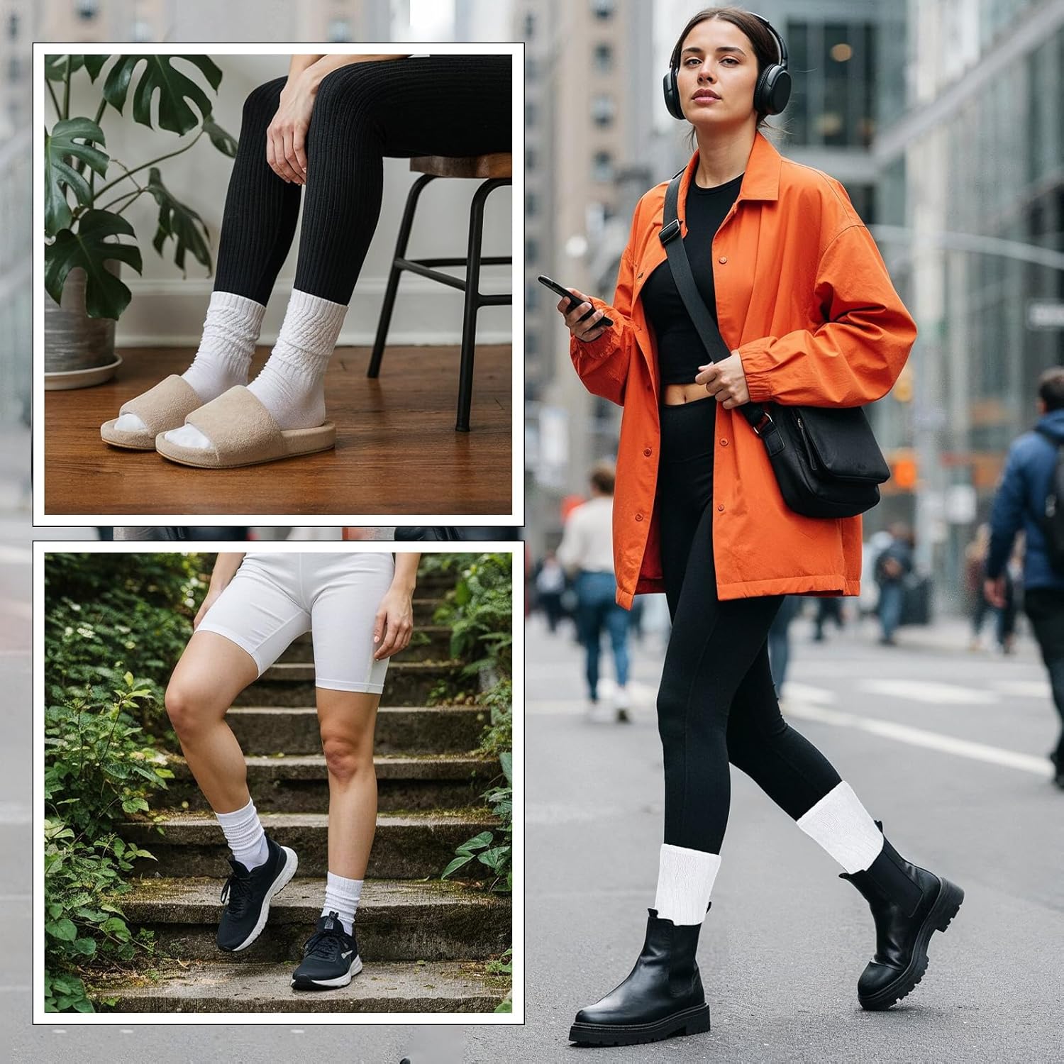 Ouligay 2 Pack Black Scrunch Crew Socks for Women Retro Cozy Slouchy Mid Calf Socks Solid Athletic Chunky Slouch Socks - Image 5