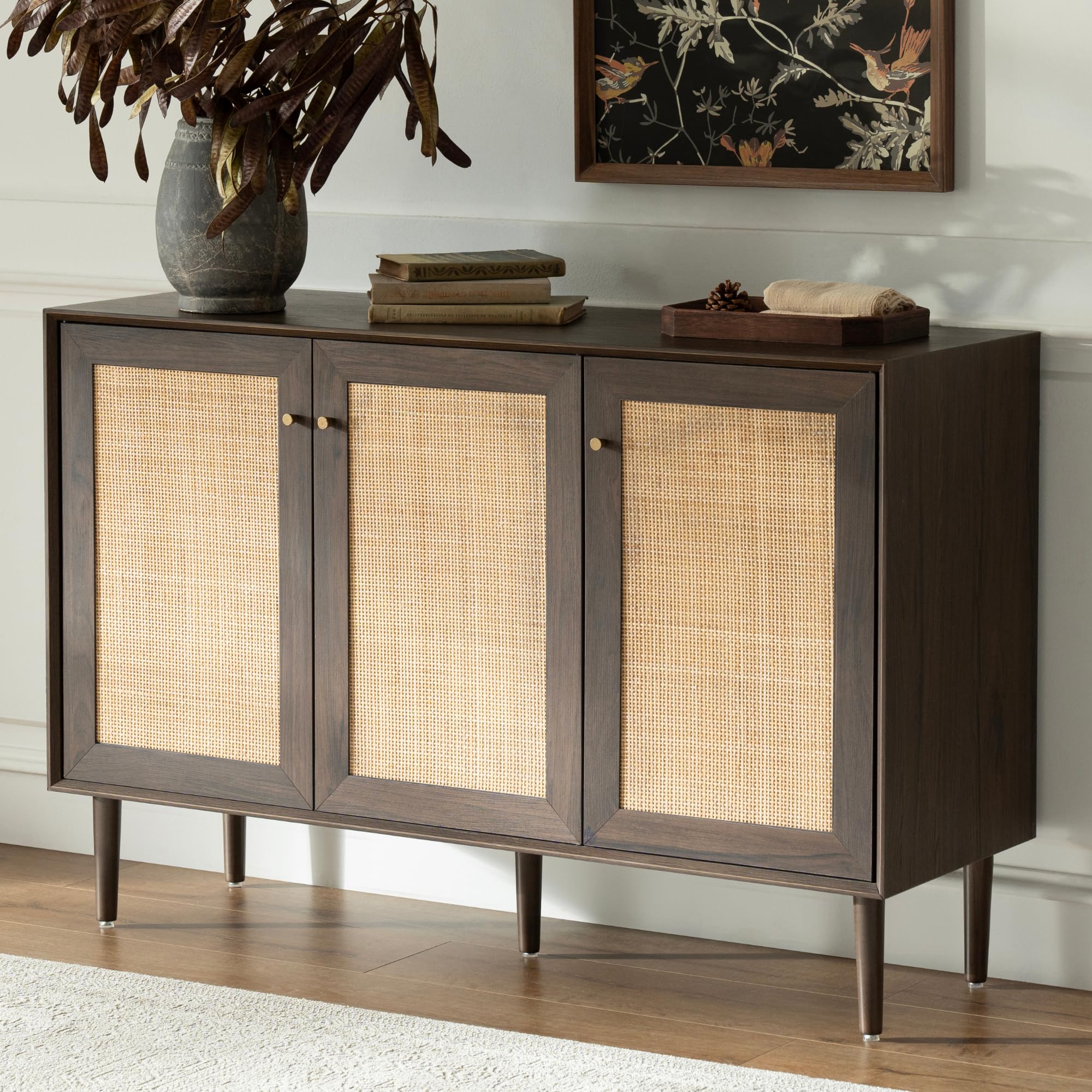 EYYTHUNG Rattan Storage Cabinet with 3 Doors, Boho Sideboard Buffet Cabinet Solid Wood Farmhouse Credenza Cabinet with Adjustable Shelves for Living