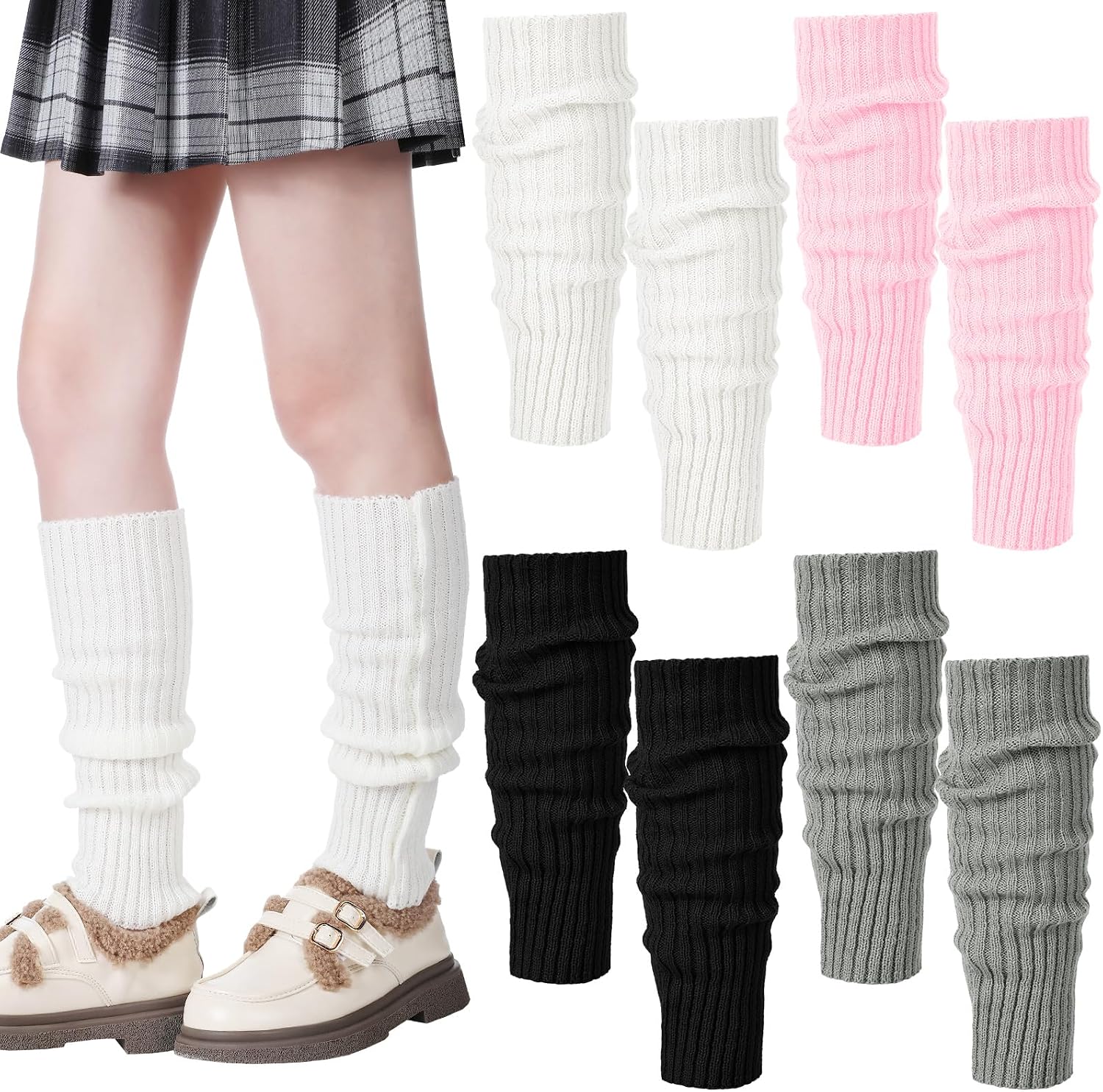 Ramede 4 Pairs Leg Warmers for Girls Kawaii Y2k 80s Japanese Loose Knitted Ribbed Leg Warmers Women Lolita Socks Cover