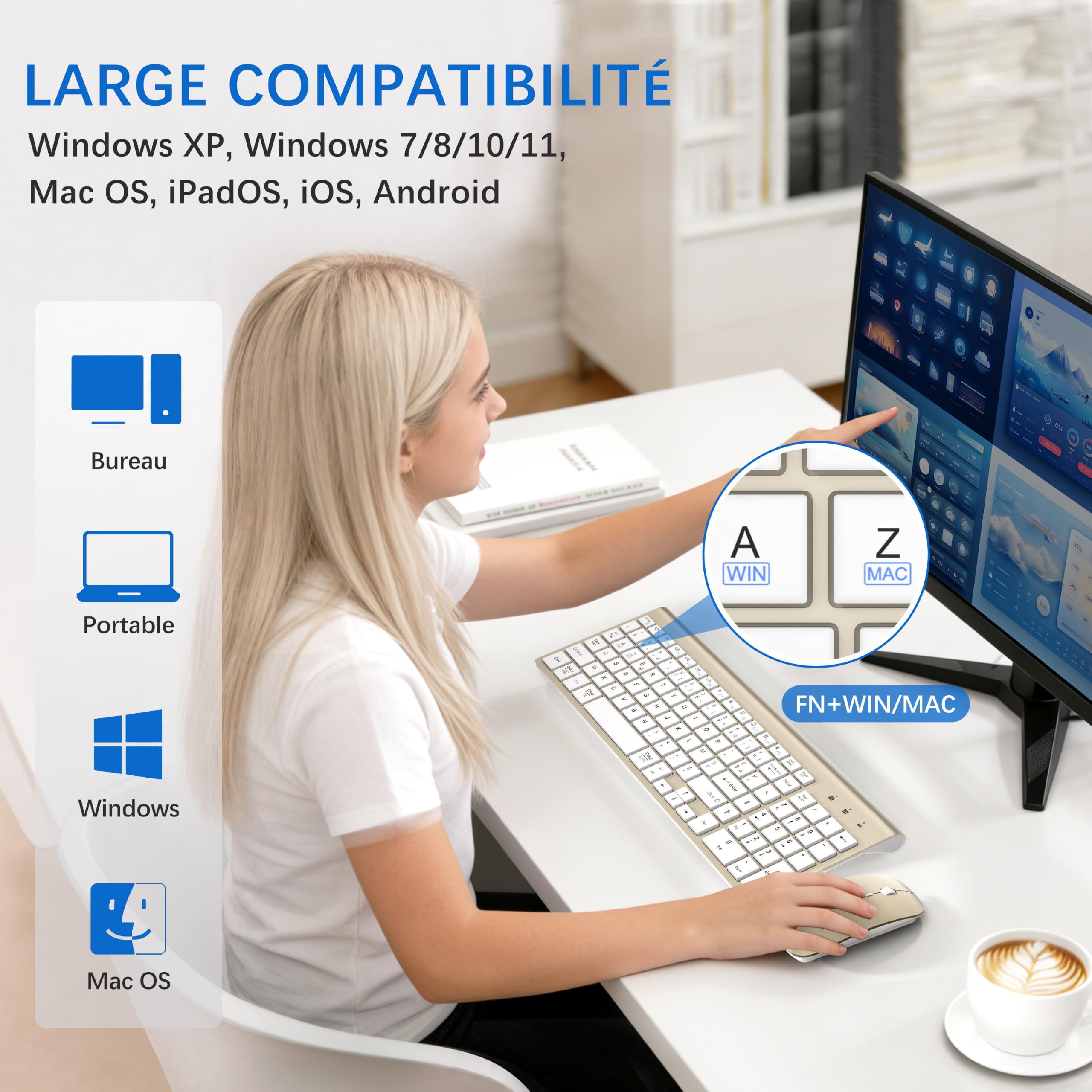 Combo Clavier Souris sans Fil Ultra Fin avec Double Système - Blanc Doré